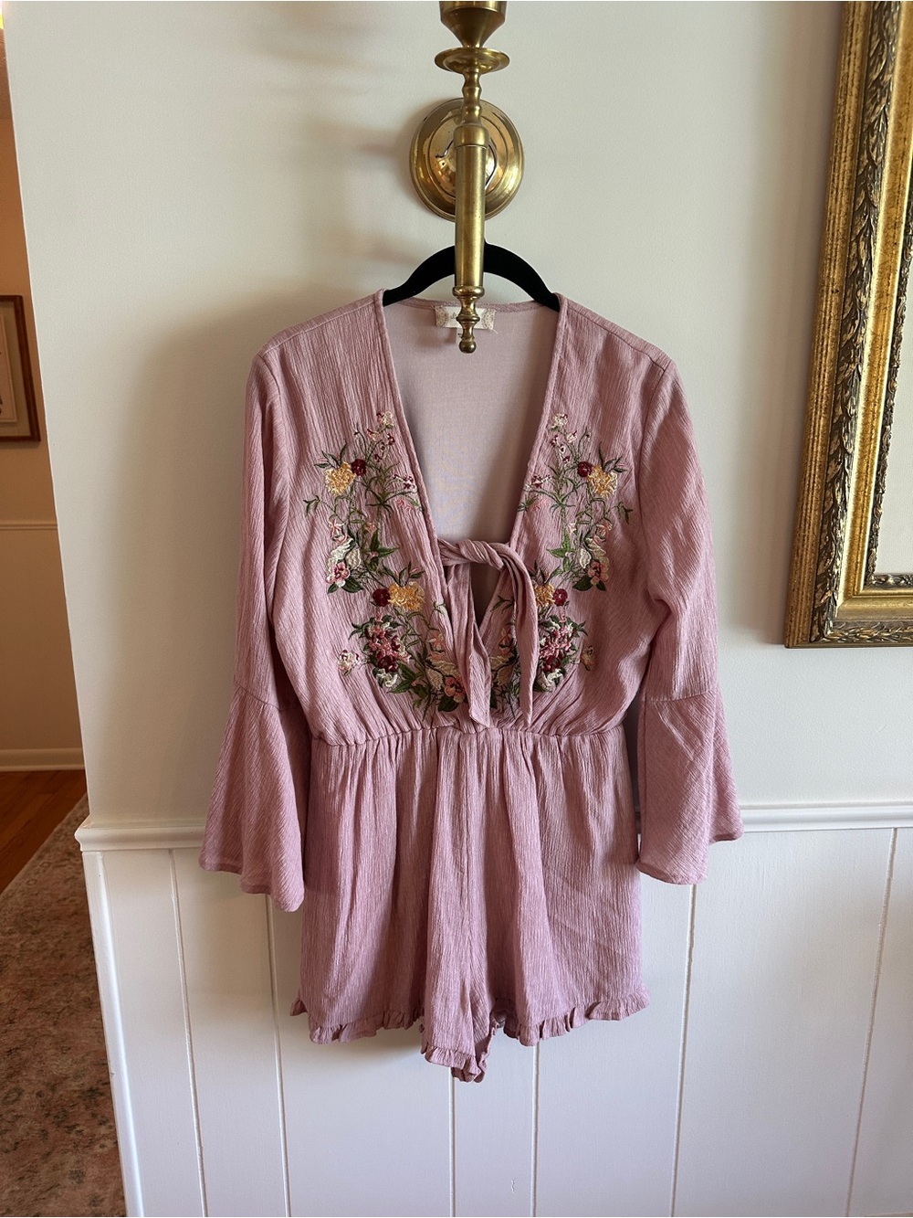 Altar’d State Dusty Rose Embroidered Tie-Front Romper